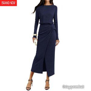 Long Sleeve Ruched Maxi Dress Wedding Guest Cocktail Slimming Knit